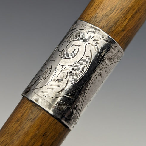 1922 British Antique Gentleman's Walking Stick, Brown Handle, Pure Silver Decoration, Curved Handle, 92cm